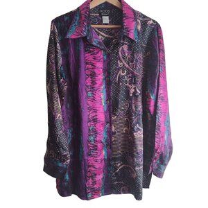 Vtg 90s Koos Silk Shirt L Purple Black Mixed Print Relaxed Fit Blouse
